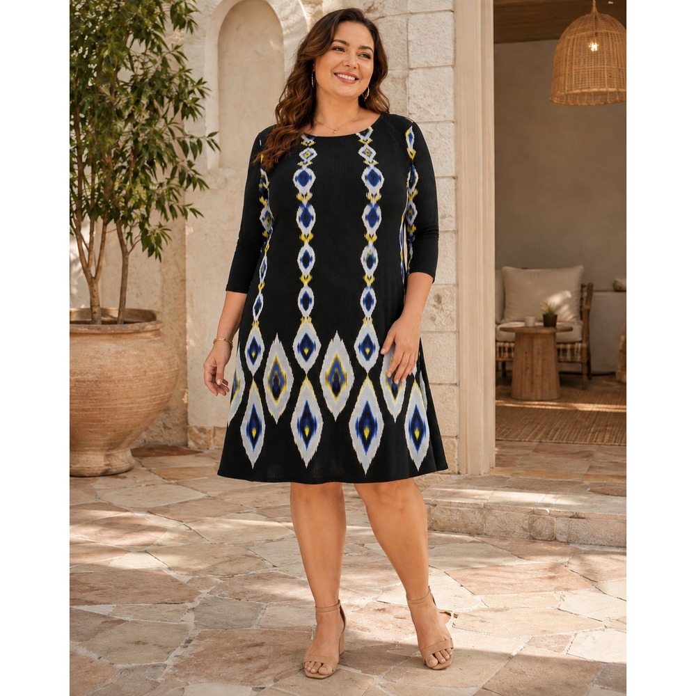 498. Alfani Woman Black Geometric Ikat Diamond Pleated Shift Dress 1X 3/4 Sleeve